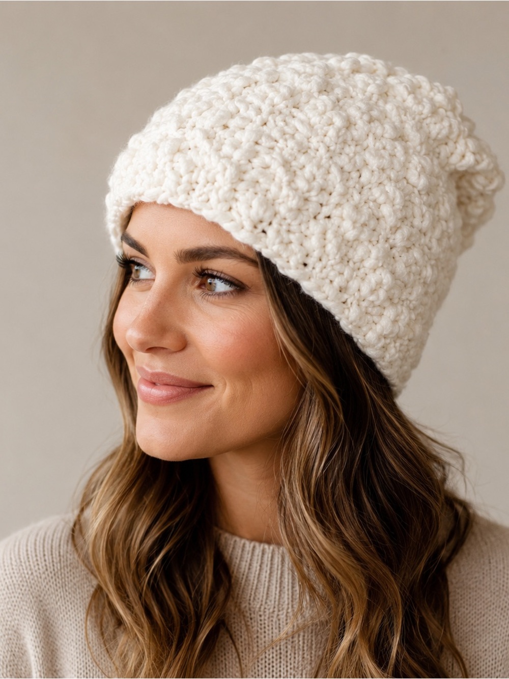 Eddie Bauer Ivory Chunky Knit Beanie Hat Boucle Textured One Size Winter